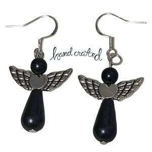 Hand Crafted Drop Earrings 3-D Articulating Angel Black Pearl Silver Plate Wires